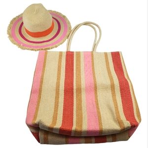 Beach Bag & Hat Bundle Set of 2 items OS Tan/Orange/Pink